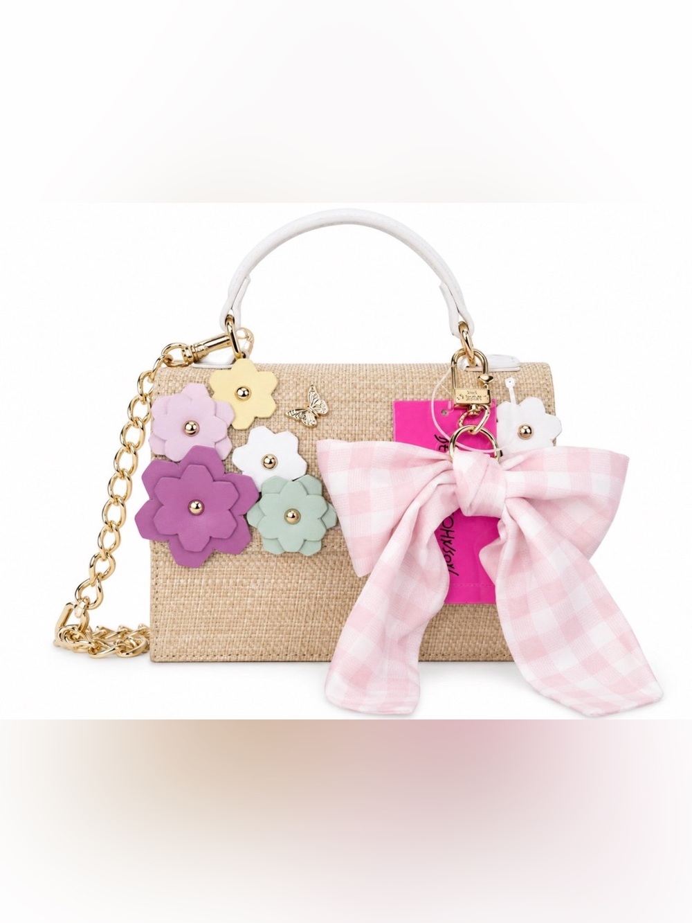 Top-Handle Floral Embellished Straw Satchel in Natural with Pastel Flowers - Picture 2 of 9